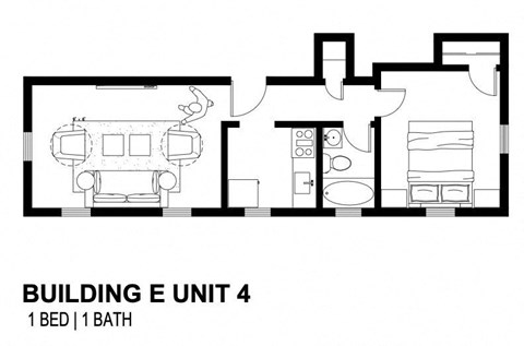 A black and white drawing of a floor plan for Building E Unit 4, which includes one bed and one bath.
